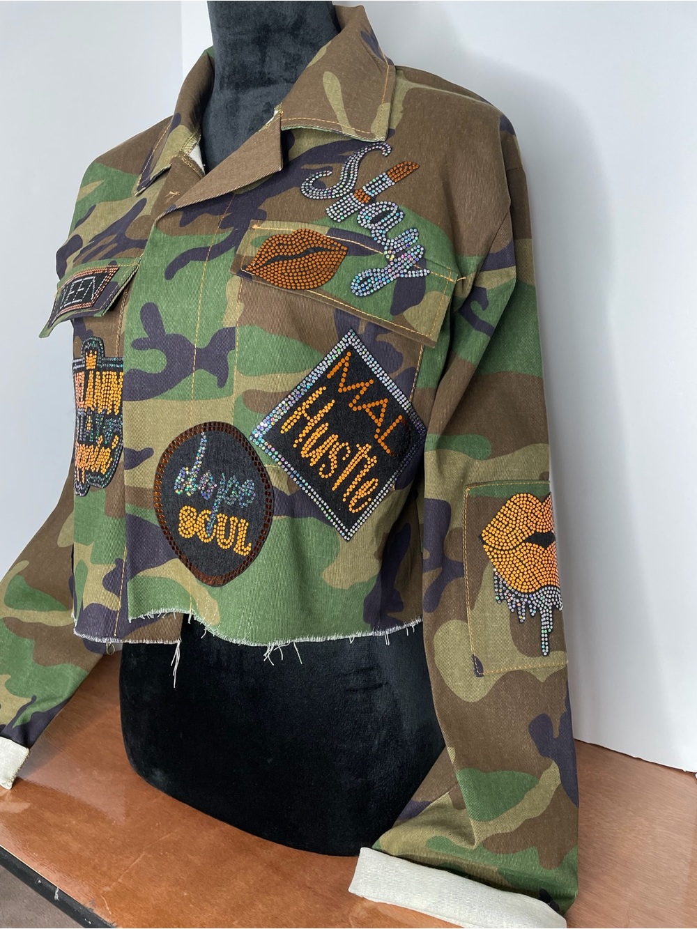 Custom Camo Embellished Patch Cropped Jacket - Green Camo - Picture 3 of 6